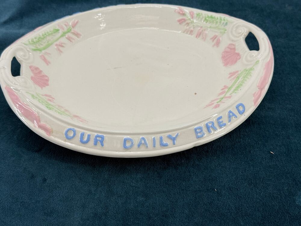 Our Daily Bread Ceramic Platter Antique Floral Serving Dish Handles Early 1900s